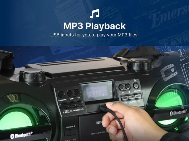 Alt view image 7 of 7 - EPB-3001 Portable Bluetooth CD Player Boombox Stereo System with AM/FM Radio, MP3, USB, AUX, & Headphone Jack | Compact for Home or On-the-Go Entertainment