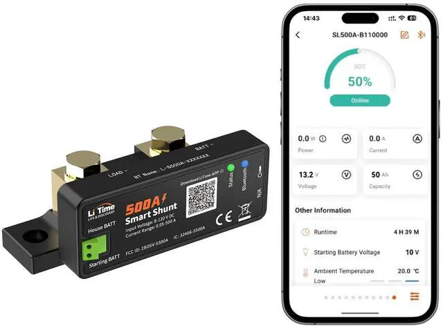 Main image of 500A Bluetooth Battery Shunt, Compatible with 8V120V Lead Acid, LFP, Lithium, AGM Batteries, SOC, Alarm Alerts, History Records, App Monitoring, Ideal for RV/Marine/Off-Grid