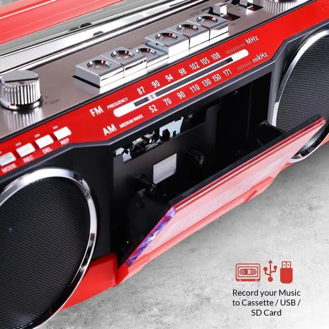Alt view image 2 of 6 - Streetjam Retro Boombox Cassette Player & Recorder, Bluetooth 5.3 Wireless Speaker, FM/AM Radio, USB/SD MP3, AUX, Portable Handle (Red/Black)