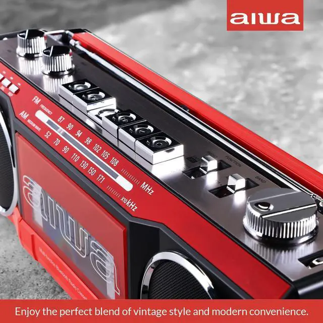 Alt view image 3 of 6 - Streetjam Retro Boombox Cassette Player & Recorder, Bluetooth 5.3 Wireless Speaker, FM/AM Radio, USB/SD MP3, AUX, Portable Handle (Red/Black)