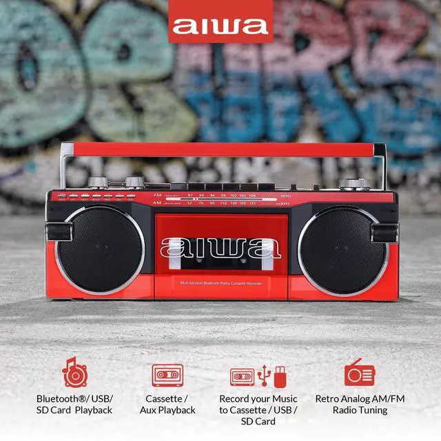 Alt view image 4 of 6 - Streetjam Retro Boombox Cassette Player & Recorder, Bluetooth 5.3 Wireless Speaker, FM/AM Radio, USB/SD MP3, AUX, Portable Handle (Red/Black)