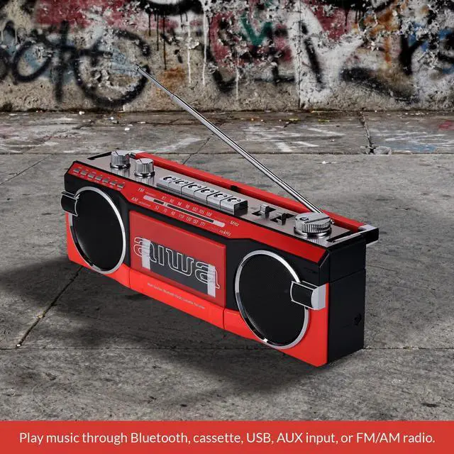 Alt view image 5 of 6 - Streetjam Retro Boombox Cassette Player & Recorder, Bluetooth 5.3 Wireless Speaker, FM/AM Radio, USB/SD MP3, AUX, Portable Handle (Red/Black)