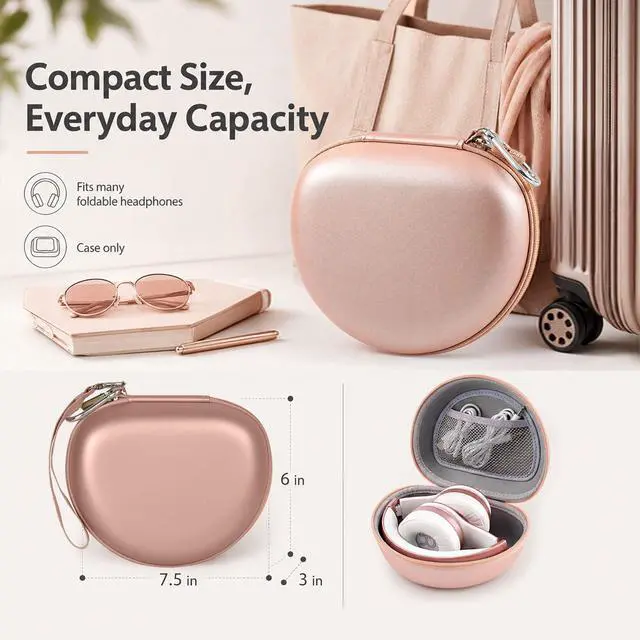 Alt view image 3 of 7 - Hard Headphone Case for Beats Solo 4 3 2 & Studio Pro | Extra-Large Protective Shell for Foldable On-Ear Headsets, Storage for Students, Commuters, Home and Travel - Rose Gold