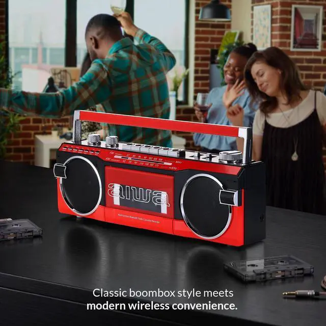 Alt view image 6 of 6 - Streetjam Retro Boombox Cassette Player & Recorder, Bluetooth 5.3 Wireless Speaker, FM/AM Radio, USB/SD MP3, AUX, Portable Handle (Red/Black)