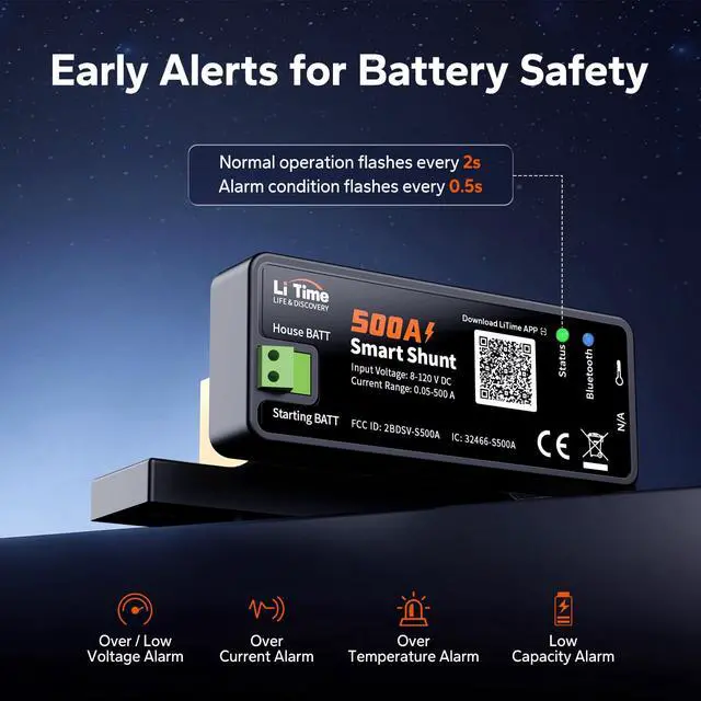 Alt view image 3 of 7 - 500A Bluetooth Battery Shunt, Compatible with 8V120V Lead Acid, LFP, Lithium, AGM Batteries, SOC, Alarm Alerts, History Records, App Monitoring, Ideal for RV/Marine/Off-Grid