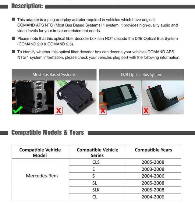 Alt view image 3 of 5 - ® Optical Fiber Head Unit Replacement Decoder for Mercedes-Benz CL/CLS/E/S/SL/SLK