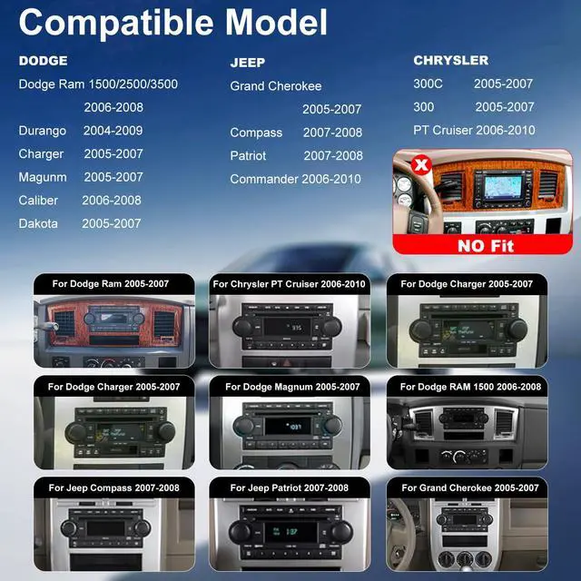 Alt view image 2 of 7 - Car Radio for Dodge Ram 1500/2500/3500 2006-2008, Dakota 2005-2007, Durango 2004-2009, Chrysler 300C/300 Jeep Grand Cherokee 2005-2007, 6.86'' Touchscreen Stereo Carplay Android Auto GPS FM BT Camera