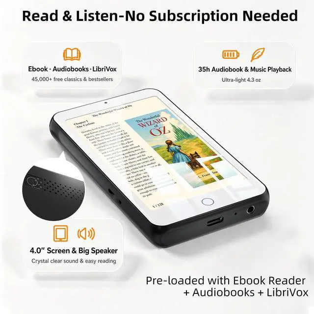 Alt view image 2 of 7 - Audiobook Player No Ads No Distractions, Bluetooth and WiFi, Loud Speaker, 4'' Screen Portable Audio Book Player for Kids, Built-in Ebook and Audiobook Apps, 35H Battery, Up to 1TB