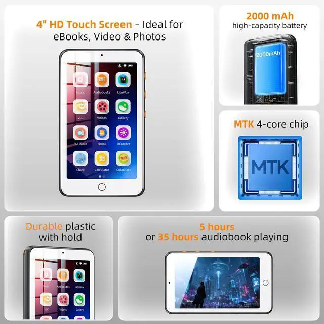 Alt view image 4 of 7 - Audiobook Player No Ads No Distractions, Bluetooth and WiFi, Loud Speaker, 4'' Screen Portable Audio Book Player for Kids, Built-in Ebook and Audiobook Apps, 35H Battery, Up to 1TB