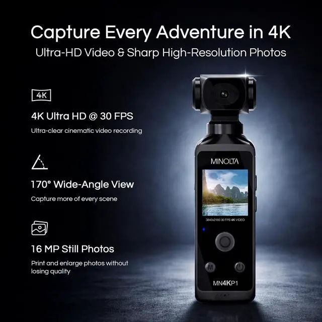 Alt view image 2 of 4 - MN4KP1 4K 16MP Waterproof Pocket Camcorder, WiFi Action Cam (Black) | Includes a carrying case and neck strap for comfortable viewing and easy transport