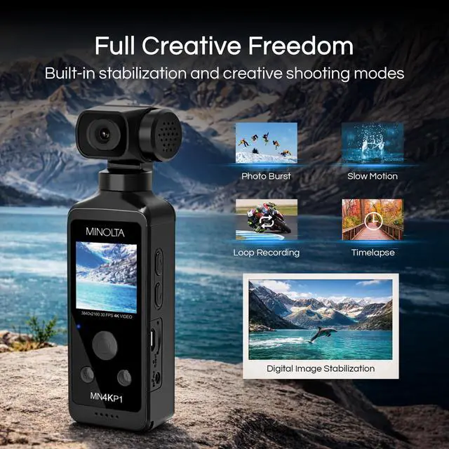 Alt view image 3 of 4 - MN4KP1 4K 16MP Waterproof Pocket Camcorder, WiFi Action Cam (Black) | Includes a carrying case and neck strap for comfortable viewing and easy transport