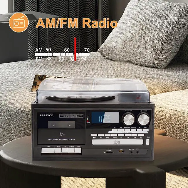 Alt view image 4 of 7 - EU Plug 9 in 1 Record Player Bluetooth 3 Speed Turntable Built in Speakers AM FM Radio CD Cassette USB SD Playback Remote Control