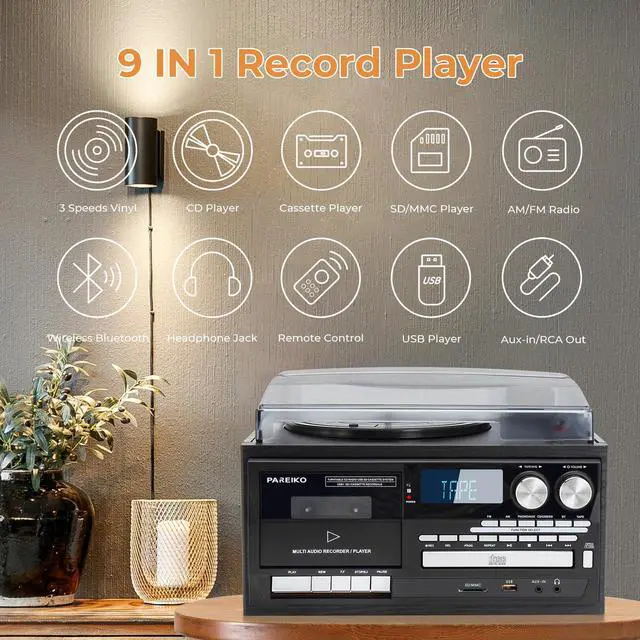 Alt view image 3 of 7 - EU Plug 9 in 1 Record Player Bluetooth 3 Speed Turntable Built in Speakers AM FM Radio CD Cassette USB SD Playback Remote Control