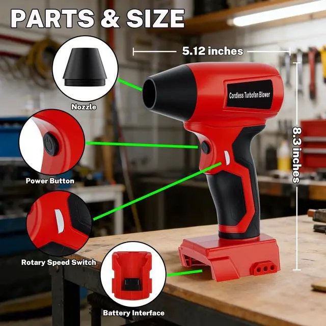 Alt view image 3 of 6 - Cordless Dust Blower Compatible with Milwaukee M18 18V Battery, Handhled Leaf Blower Electric Compressed Air Duster Turbo Jet Fan with Nozzles for Blowing Leaves and Dust