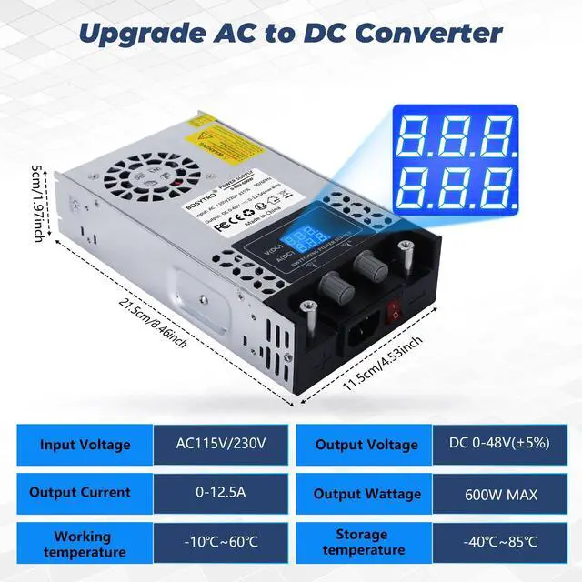 Alt view image 2 of 7 - AC to DC Converter 48V DC Power Supply Adjustable 0-48V 0-12.5A SMPS Max 600W Switching Power Supply for Led Strip, Motor Pump, CCTV, 3D Printer, Lab Computer