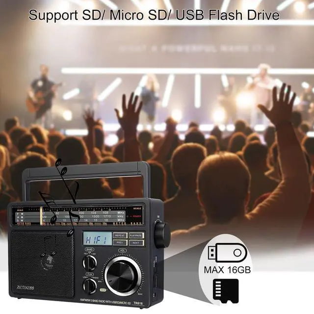 Alt view image 7 of 7 - TR618 AM FM Radio Plug in Wall, Portable Shortwave Radios (Black) | for Home, Kitchen,Drive in,SD/Micro SD, USB Flash Drive, Best Reception