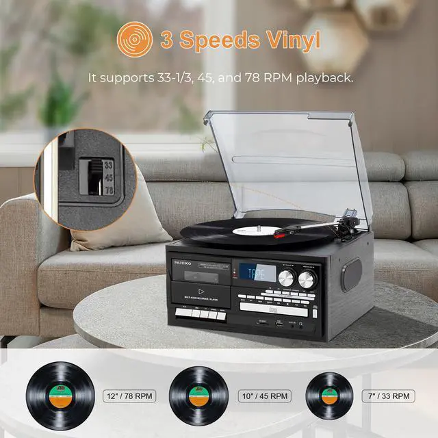 Alt view image 7 of 7 - EU Plug 9 in 1 Record Player Bluetooth 3 Speed Turntable Built in Speakers AM FM Radio CD Cassette USB SD Playback Remote Control