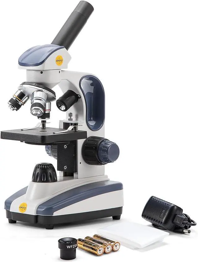 Main image of Compound Monocular Microscope SW200DL with 40X-1000X Magnification, Dual Light, Precision Fine Focus, Wide-Field 25X Eyepiece and Cordless Capability for Student Beginner