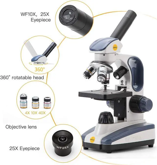 Alt view image 4 of 7 - Compound Monocular Microscope SW200DL with 40X-1000X Magnification, Dual Light, Precision Fine Focus, Wide-Field 25X Eyepiece and Cordless Capability for Student Beginner