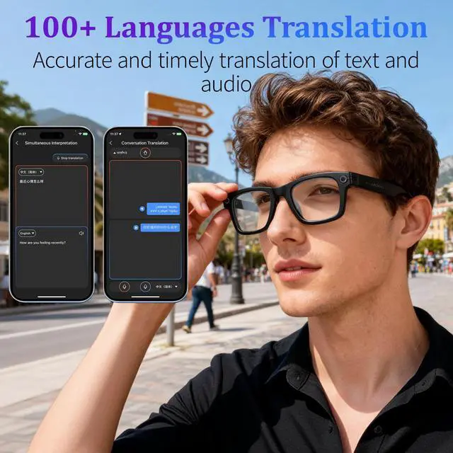 Alt view image 5 of 7 - AI Smart Glasses with 8MP Camera, 1080P Video & HD Photo, Bluetooth Audio, AI Voice Assistant, Real-Time Translation, Object Recognition, Noise-Cancel Calls, Photochromic +2 Sunglasses Lenses