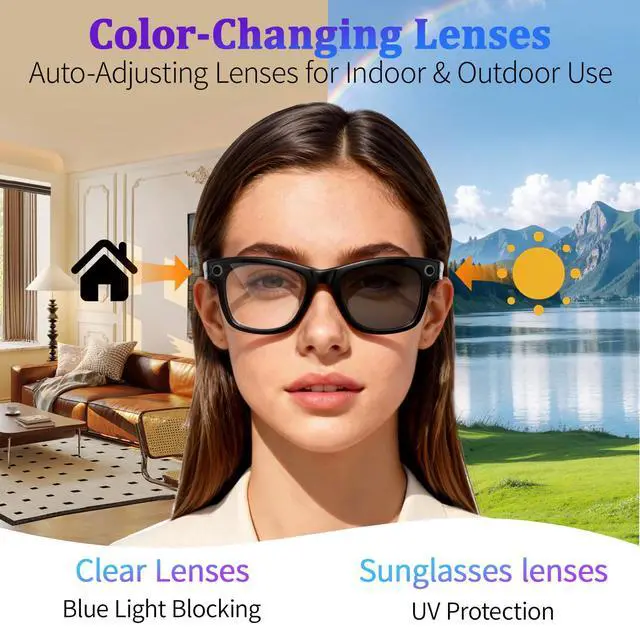 Alt view image 7 of 7 - AI Smart Glasses with 8MP Camera, 1080P Video & HD Photo, Bluetooth Audio, AI Voice Assistant, Real-Time Translation, Object Recognition, Noise-Cancel Calls, Photochromic +2 Sunglasses Lenses