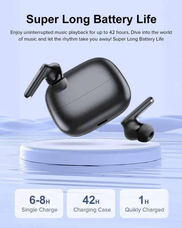 Alt view image 2 of 7 - Wireless Earbuds, 42H Playtime Bluetooth 5.3 Headphones, HiFi Stereo Call Noise Cancelling Earbuds, IPX7 Waterproof Stereo in-Ear Earphones with LED Display for iOS Android (Black)