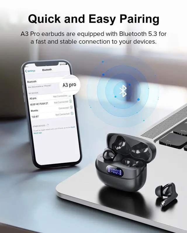 Alt view image 3 of 7 - Wireless Earbuds, 42H Playtime Bluetooth 5.3 Headphones, HiFi Stereo Call Noise Cancelling Earbuds, IPX7 Waterproof Stereo in-Ear Earphones with LED Display for iOS Android (Black)