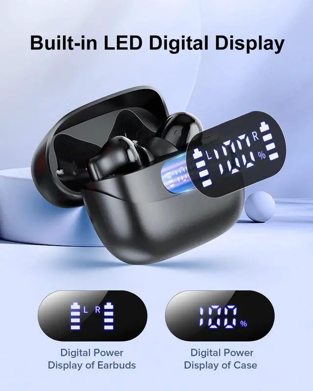 Alt view image 4 of 7 - Wireless Earbuds, 42H Playtime Bluetooth 5.3 Headphones, HiFi Stereo Call Noise Cancelling Earbuds, IPX7 Waterproof Stereo in-Ear Earphones with LED Display for iOS Android (Black)