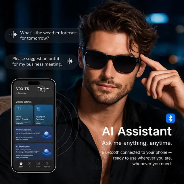 Alt view image 6 of 7 - Al Smart Glasses for Women and Men, Smart Glasses with Camera and Bluetooth, Real-Time Translation Glasses with Speakers, 8MP HD Recording Glasses, Open-Ear Smart Sunglasses for Travel, Work, Driving