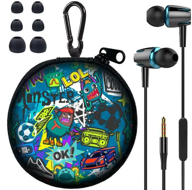 Main image of Teens Wired Earbuds with Case, 3.5mm Headphones for School,Classic Graffiti | Wired Student Earbuds, with Carabiner Clip to Attach on School Backpack, Small Eartips, for PC and Tablets