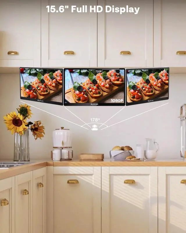 Alt view image 4 of 7 - 15.6" Under Cabinet Kitchen TV, Non-Smart 1080P FHD Small TV, Foldable with 90° Rotation, 178° Wide Viewing Angle, 12V Compatible for RV & Camper, HDMI USB RF Ports