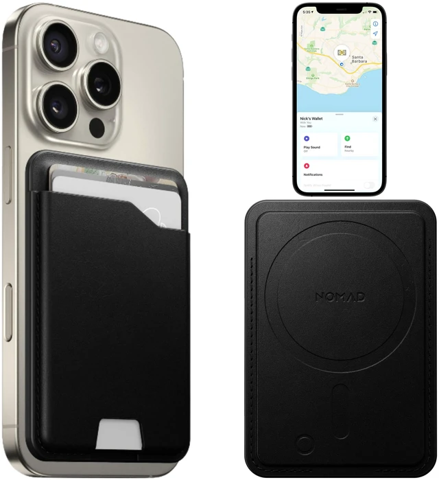 Main image of Leather Black Magsafe Wallet w/Integrated Tracking for iPhone, Slim Magsafe Card Holder for iPhone, Wallet GPS Tracker Card 5 Months Battery Life, Rechargeable, Compatible with iOS Only
