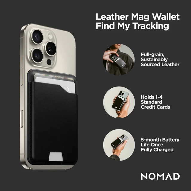 Alt view image 2 of 7 - Leather Black Magsafe Wallet w/Integrated Tracking for iPhone, Slim Magsafe Card Holder for iPhone, Wallet GPS Tracker Card 5 Months Battery Life, Rechargeable, Compatible with iOS Only