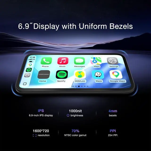 Alt view image 3 of 6 - Mini 6.9 CarPlay Screen for Car,Equal-Bezel Rounded Display,1000-nit Brightness,Portable 60fps Wireless Apple Carplay,Compatible with MagSafe Magnetic Mounts,Display-Only BT Mode