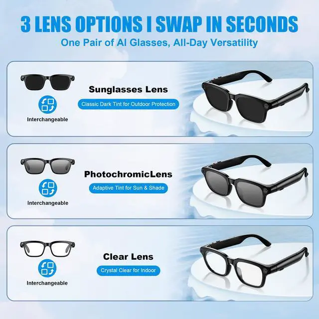 Alt view image 4 of 7 - AI Smart Glasses with Camera, 8MP HD Camera Glasses for Women Men, Video Recording Sunglasses with Voice Assistant, Open-Ear Audio, Real-Time Translation for Life &Work Vlog, Black(3 Lenses)