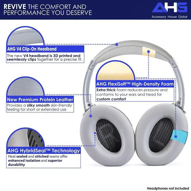 Alt view image 2 of 7 - Replacement QC Ear Pad and Headband Pad Kit Cushion. Compatible with Bose QuietComfort (2023) QC45 QC35 QC35 II QC SC QC SE Wireless Noise Cancelling Headphones (Grey)