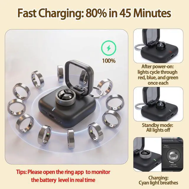 Alt view image 3 of 7 - Charging Case Compatible with Oura Ring Gen 4: 2000mAh Portable Travel Wireless Charger for Size 13/12/11/10/9/8/7 with Type-C Cable