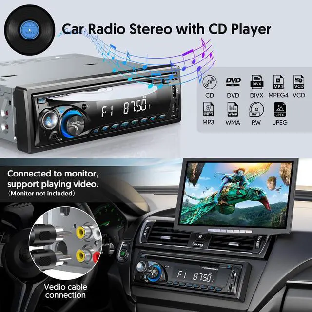 Alt view image 2 of 7 - Car Radio Bluetooth with CD DVD Player, Single Din Car Stereo | FM/AM Car Radio Bluetooth with CD Player, Support 2 USB/SD/AUX/7 Colors/Fits 9-24V Vehicles