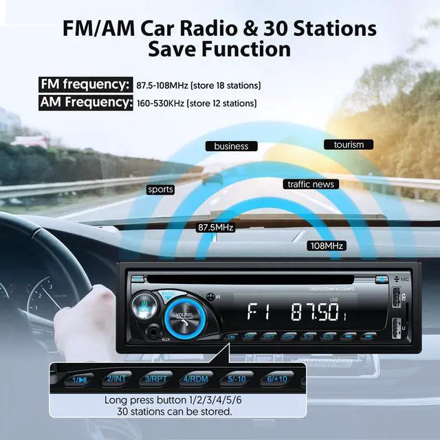 Alt view image 3 of 7 - Car Radio Bluetooth with CD DVD Player, Single Din Car Stereo | FM/AM Car Radio Bluetooth with CD Player, Support 2 USB/SD/AUX/7 Colors/Fits 9-24V Vehicles