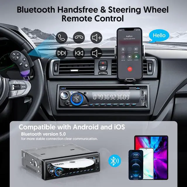 Alt view image 4 of 7 - Car Radio Bluetooth with CD DVD Player, Single Din Car Stereo | FM/AM Car Radio Bluetooth with CD Player, Support 2 USB/SD/AUX/7 Colors/Fits 9-24V Vehicles