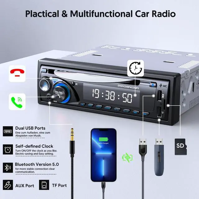 Alt view image 5 of 7 - Car Radio Bluetooth with CD DVD Player, Single Din Car Stereo | FM/AM Car Radio Bluetooth with CD Player, Support 2 USB/SD/AUX/7 Colors/Fits 9-24V Vehicles