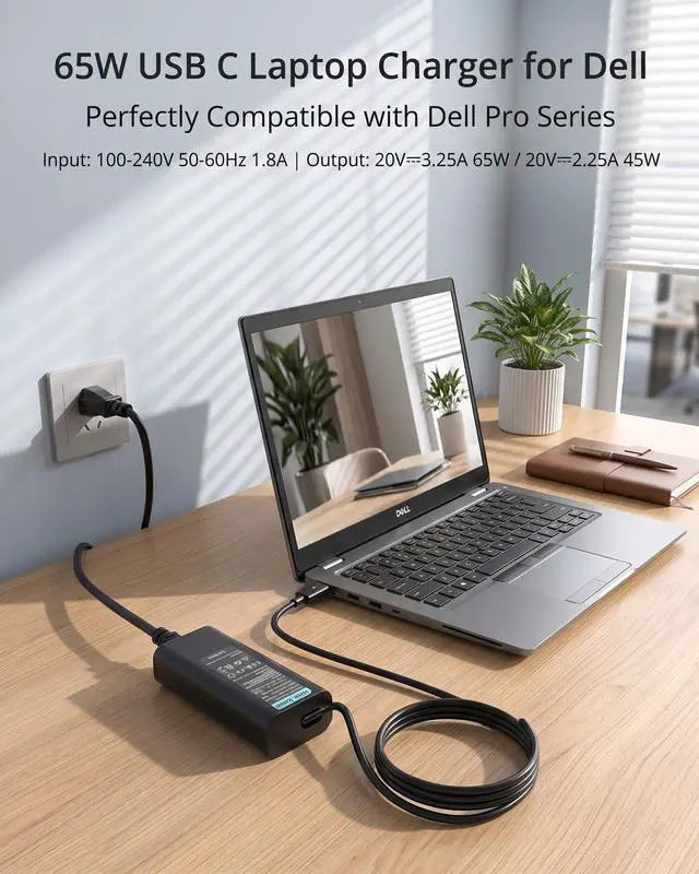 Alt view image 2 of 7 - 65W USB C Laptop Charger Compatible with Dell Pro 13 14 16 Plus | for 14 16 Plus, Pro 14 16, Premium, Rugged Laptop, 20V/3.25A Output, Type-C Fast Charging, Perfect for Business