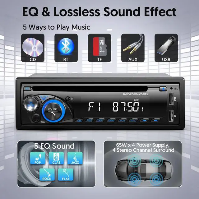 Alt view image 7 of 7 - Car Radio Bluetooth with CD DVD Player, Single Din Car Stereo | FM/AM Car Radio Bluetooth with CD Player, Support 2 USB/SD/AUX/7 Colors/Fits 9-24V Vehicles