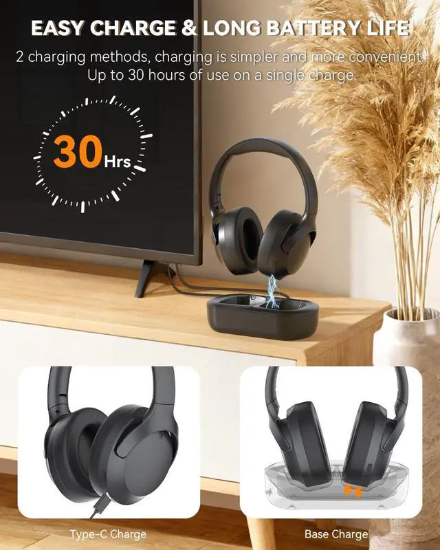 Alt view image 6 of 7 - Wireless Headphones for TV Watching with Charging Dock | Digital Optical RCA AUX 3.5MM Over Ear Headset for Seniors, Bluetooth Headphones No Delay, 30 Hrs Playtime, Plug and Play