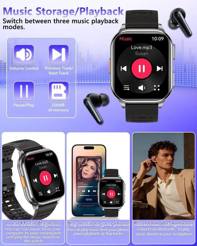 Alt view image 3 of 7 - Smart Watches for Men Women with Built-in Camera 2.01" Touch Screen Play local music Save music Fitness with Heart Rate/SpO2/Sleep Monitor IP67 Waterproof Smartwatch for Android iOS 100+ Sports Modes
