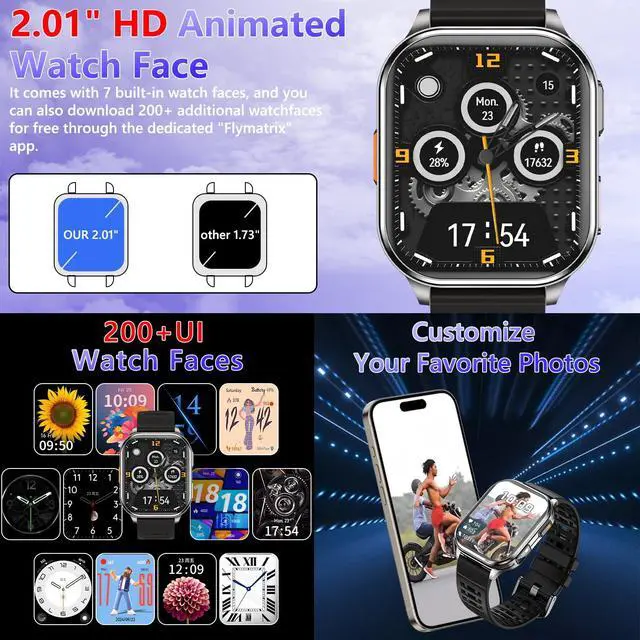 Alt view image 7 of 7 - Smart Watches for Men Women with Built-in Camera 2.01" Touch Screen Play local music Save music Fitness with Heart Rate/SpO2/Sleep Monitor IP67 Waterproof Smartwatch for Android iOS 100+ Sports Modes