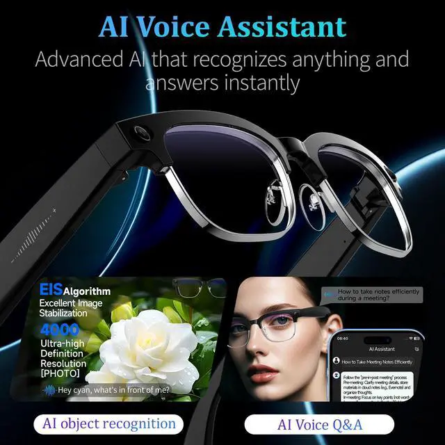 Alt view image 3 of 7 - AI Smart Glasses with 8MP Camera, 1080P Video & HD Photo, Bluetooth Audio, AI Voice Assistant, Real-Time Translation, Object Recognition, Noise-Cancel Calls, Music, Photochromic Lenses