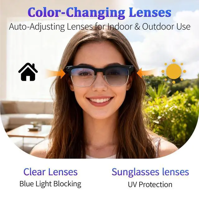 Alt view image 7 of 7 - AI Smart Glasses with 8MP Camera, 1080P Video & HD Photo, Bluetooth Audio, AI Voice Assistant, Real-Time Translation, Object Recognition, Noise-Cancel Calls, Music, Photochromic Lenses