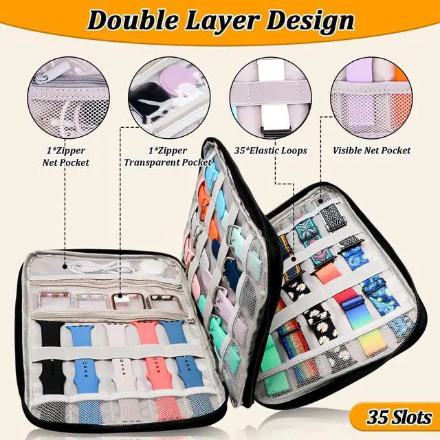 Alt view image 3 of 7 - Watch Band Organizer Case for Apple Watch Band, Portable Bands Holder Organizer for 35 Straps, Travel Strap Storage Bag for iWatch Bands, Pin and Other Accessories Women (Daisy)
