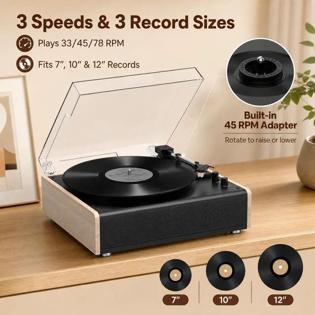Alt view image 3 of 7 - Bluetooth Vinyl Record Player with Built-in Stereo Speakers, 3-Speed Belt-Drive Turntable for 7/10/12 Inch Vinyl Records, Magnetic Cartridge, RCA Out, AUX in, Headphone Jack, Vintage White Phonograph